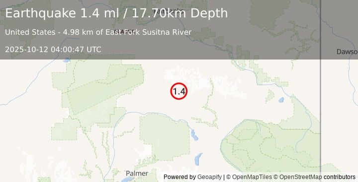 Earthquake 85 km WNW of Paxson, Alaska (1.4 ml) (2025-10-12 04:00:47 UTC)
