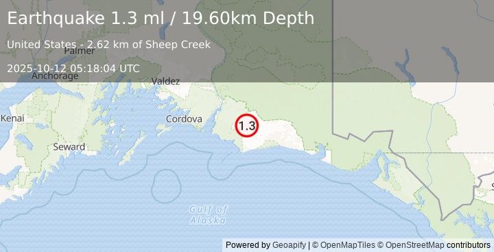 Earthquake 111 km E of Cordova, Alaska (1.3 ml) (2025-10-12 05:18:04 UTC)