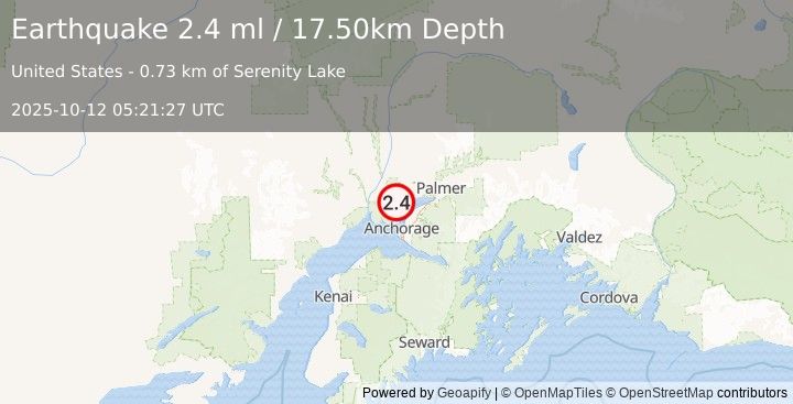Earthquake 6 km SSW of Big Lake, Alaska (2.4 ml) (2025-10-12 05:21:27 UTC)
