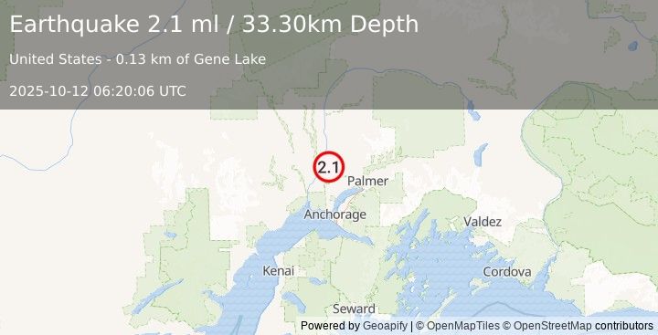 Earthquake 0 km NW of Willow, Alaska (2.1 ml) (2025-10-12 06:20:06 UTC)