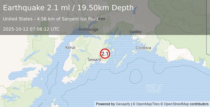 Earthquake 38 km E of Primrose, Alaska (2.1 ml) (2025-10-12 07:06:12 UTC)