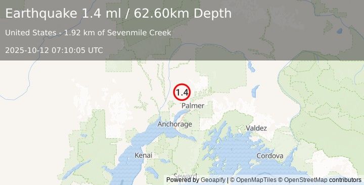 Earthquake 22 km NW of Fishhook, Alaska (1.4 ml) (2025-10-12 07:10:05 UTC)