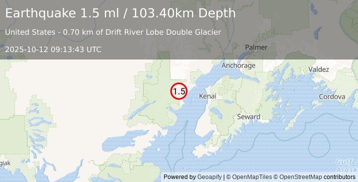 Earthquake 66 km W of Salamatof, Alaska (1.5 ml) (2025-10-12 09:13:43 UTC)