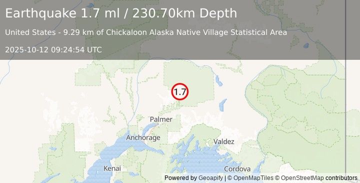 Earthquake 43 km NNE of Chickaloon, Alaska (1.7 ml) (2025-10-12 09:24:54 UTC)