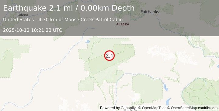 Earthquake 55 km ESE of Denali National Park, Alaska (2.1 ml) (2025-10-12 10:21:23 UTC)