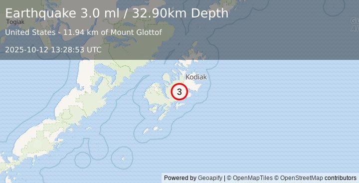 Earthquake 28 km NNE of Old Harbor, Alaska (3.0 ml) (2025-10-12 13:28:53 UTC)