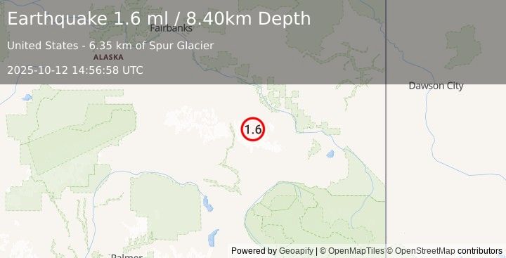 Earthquake 34 km SW of Dry Creek, Alaska (1.7 ml) (2025-10-12 14:56:57 UTC)