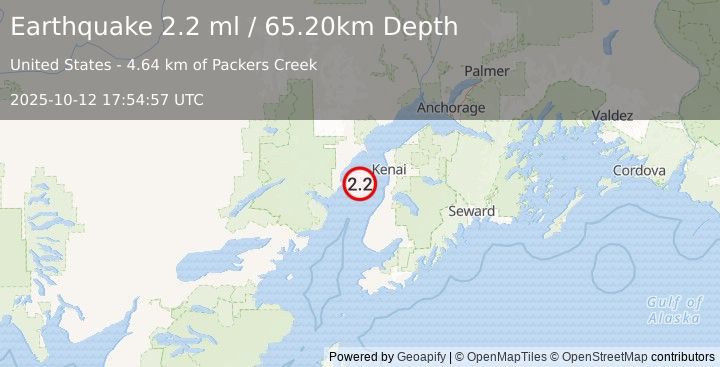 Earthquake 33 km W of Cohoe, Alaska (2.3 ml) (2025-10-12 17:54:58 UTC)