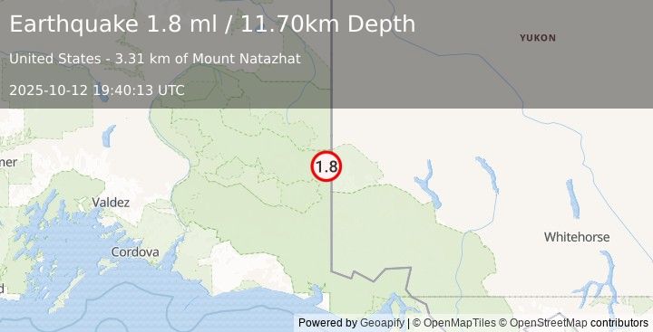 Earthquake 96 km E of McCarthy, Alaska (1.8 ml) (2025-10-12 19:40:13 UTC)