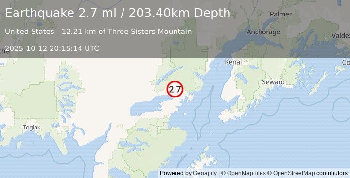 Earthquake 20 km NE of Pedro Bay, Alaska (2.7 ml) (2025-10-12 20:15:14 UTC)