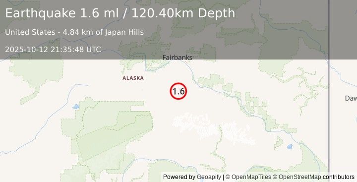 Earthquake 48 km SW of Harding-Birch Lakes, Alaska (1.8 ml) (2025-10-12 21:35:53 UTC)