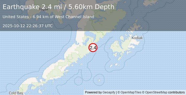 Earthquake 81 km WNW of Karluk, Alaska (2.1 ml) (2025-10-12 22:26:47 UTC)
