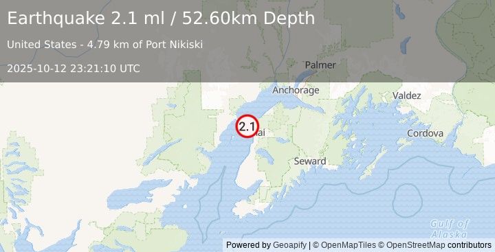 Earthquake 8 km WSW of Salamatof, Alaska (2.1 ml) (2025-10-12 23:21:11 UTC)