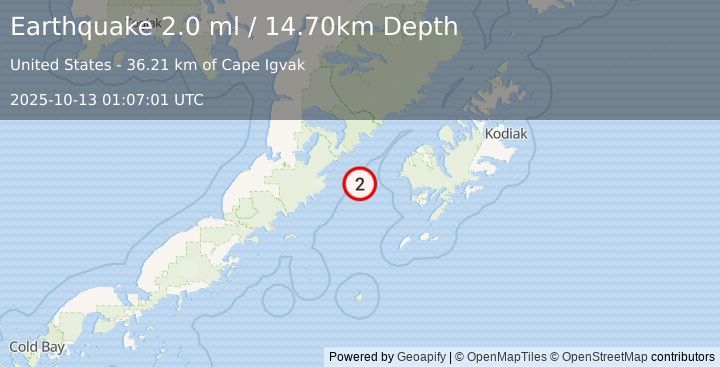 Earthquake 81 km WSW of Karluk, Alaska (2.0 ml) (2025-10-13 01:07:01 UTC)