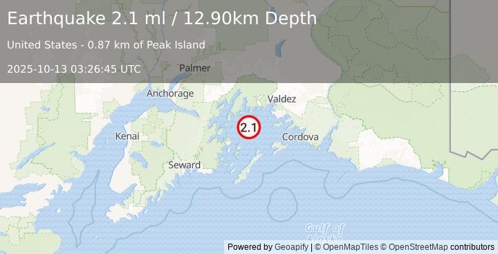 Earthquake 43 km WSW of Tatitlek, Alaska (2.1 ml) (2025-10-13 03:26:45 UTC)