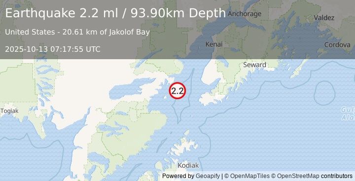 Earthquake 57 km WNW of Nanwalek, Alaska (2.2 ml) (2025-10-13 07:17:55 UTC)