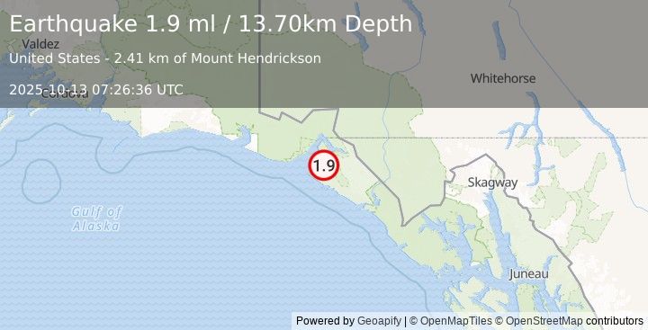 Earthquake 21 km NE of Yakutat, Alaska (1.9 ml) (2025-10-13 07:26:36 UTC)