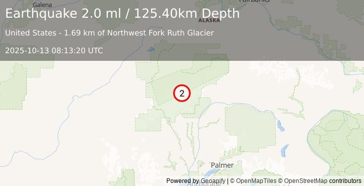 Earthquake 61 km N of Petersville, Alaska (2.0 ml) (2025-10-13 08:13:20 UTC)