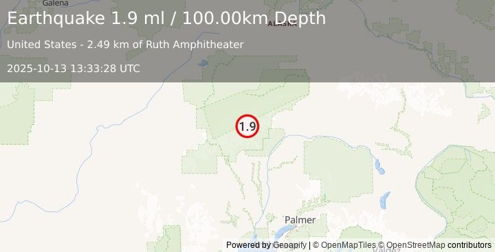 Earthquake 55 km N of Petersville, Alaska (1.9 ml) (2025-10-13 13:33:28 UTC)