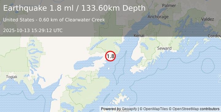 Earthquake 45 km E of Pedro Bay, Alaska (2.3 ml) (2025-10-13 15:29:13 UTC)