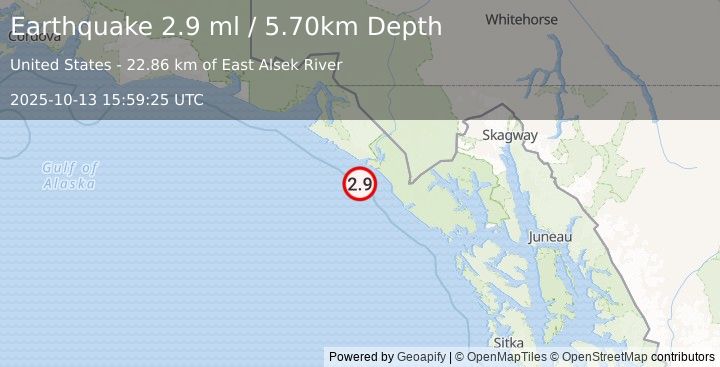 Earthquake 95 km SE of Yakutat, Alaska (2.9 ml) (2025-10-13 15:59:25 UTC)