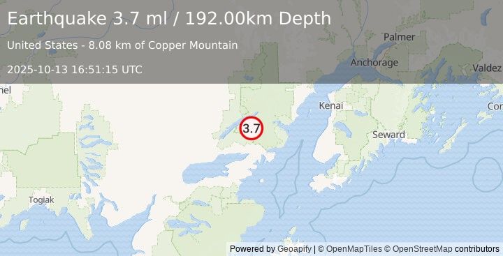 Earthquake 26 km E of Port Alsworth, Alaska (3.8 ml) (2025-10-13 16:51:16 UTC)
