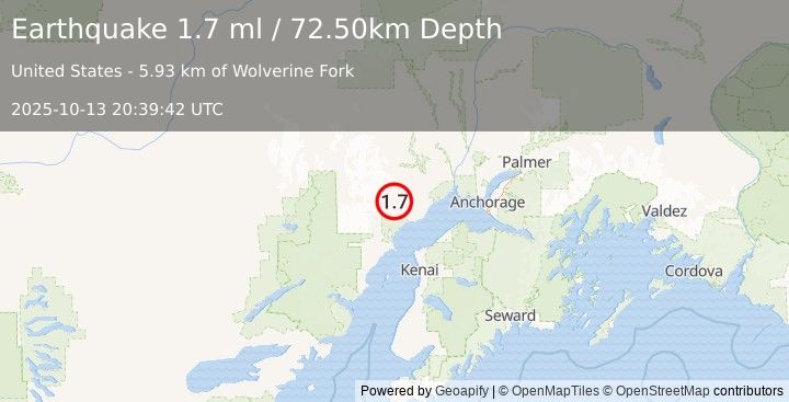 Earthquake 37 km WNW of Beluga, Alaska (1.7 ml) (2025-10-13 20:39:42 UTC)