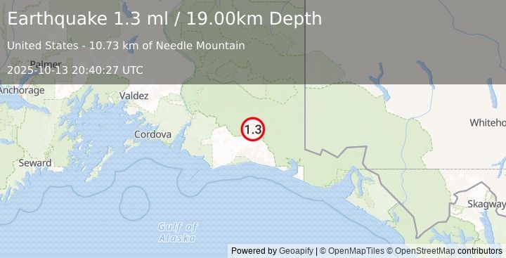 Earthquake 91 km S of McCarthy, Alaska (1.3 ml) (2025-10-13 20:40:27 UTC)