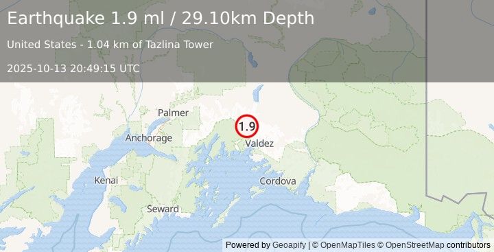 Earthquake 36 km NW of Valdez, Alaska (1.9 ml) (2025-10-13 20:49:15 UTC)
