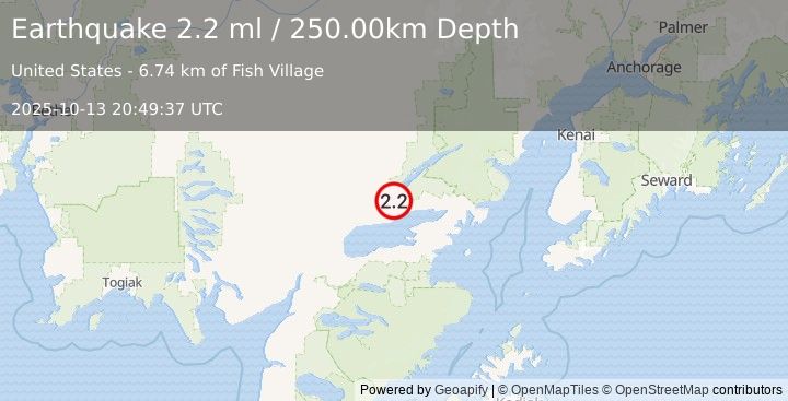 Earthquake 9 km SSW of Nondalton, Alaska (2.2 ml) (2025-10-13 20:49:37 UTC)