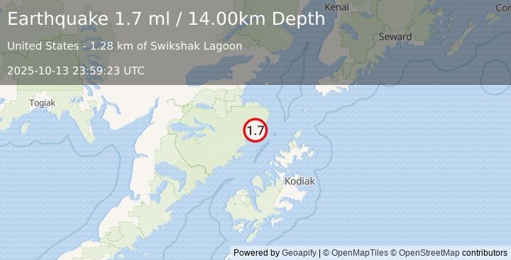 Earthquake 80 km NW of Aleneva, Alaska (1.7 ml) (2025-10-13 23:59:23 UTC)