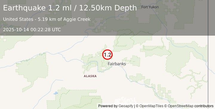 Earthquake 35 km NNW of Ester, Alaska (1.2 ml) (2025-10-14 00:22:28 UTC)