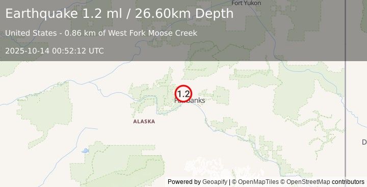 Earthquake 12 km N of Ester, Alaska (1.2 ml) (2025-10-14 00:52:12 UTC)