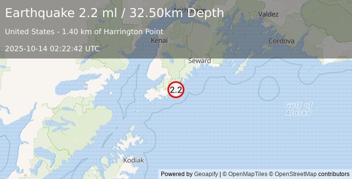 Earthquake 39 km ESE of Halibut Cove, Alaska (2.1 ml) (2025-10-14 02:22:43 UTC)
