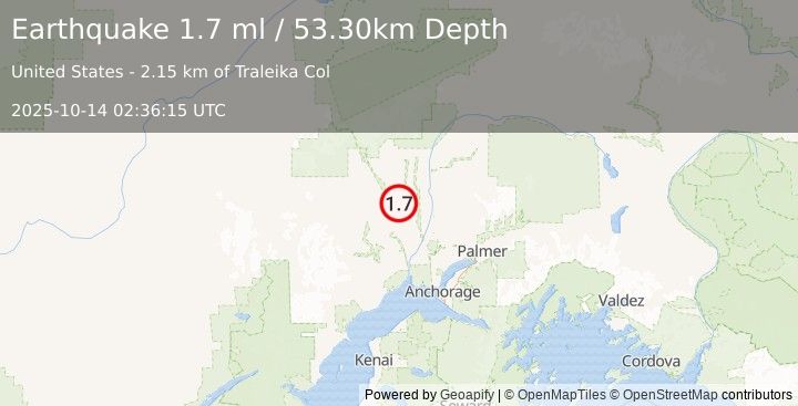 Earthquake 34 km E of Skwentna, Alaska (1.7 ml) (2025-10-14 02:36:15 UTC)