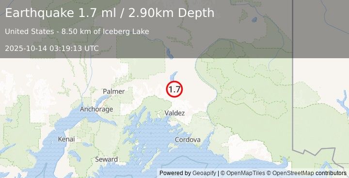 Earthquake 44 km SSE of Nelchina, Alaska (1.7 ml) (2025-10-14 03:19:13 UTC)