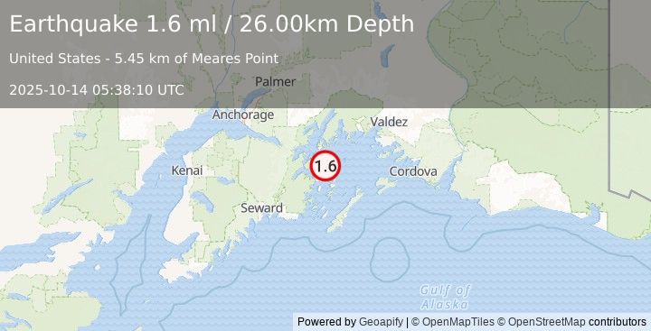 Earthquake 47 km ESE of Whittier, Alaska (1.6 ml) (2025-10-14 05:38:10 UTC)
