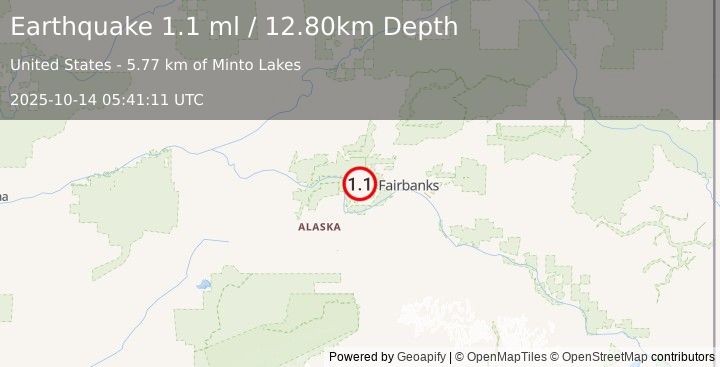 Earthquake 31 km NNE of Four Mile Road, Alaska (1.1 ml) (2025-10-14 05:41:11 UTC)