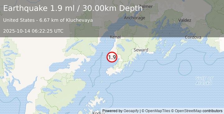 Earthquake 7 km ENE of Nikolaevsk, Alaska (1.9 ml) (2025-10-14 06:22:25 UTC)