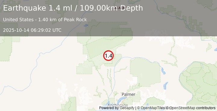 Earthquake 47 km NNE of Petersville, Alaska (1.4 ml) (2025-10-14 06:29:02 UTC)