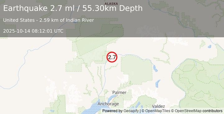 Earthquake 42 km NE of Chase, Alaska (2.7 ml) (2025-10-14 08:12:01 UTC)