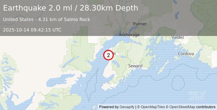 Earthquake 10 km NW of Kalifornsky, Alaska (2.0 ml) (2025-10-14 09:42:15 UTC)