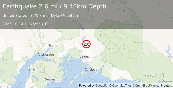 Earthquake 46 km S of Tolsona, Alaska (2.6 ml) (2025-10-14 11:45:55 UTC)
