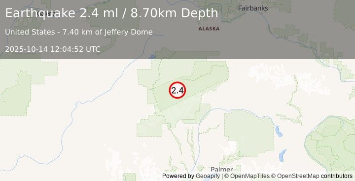 Earthquake 47 km SE of Denali National Park, Alaska (2.4 ml) (2025-10-14 12:04:52 UTC)