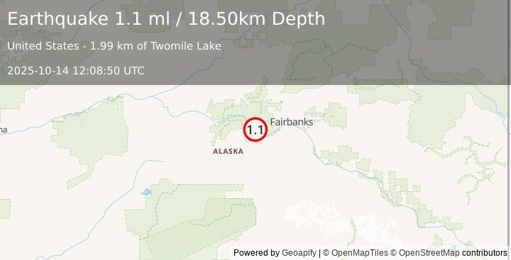 Earthquake 19 km NE of Four Mile Road, Alaska (1.1 ml) (2025-10-14 12:08:50 UTC)