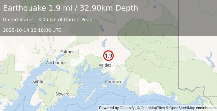 Earthquake 39 km NNE of Valdez, Alaska (1.9 ml) (2025-10-14 12:18:06 UTC)