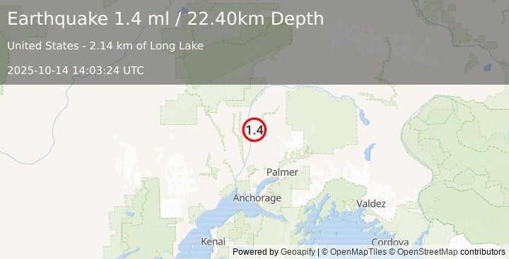 Earthquake 9 km NW of Susitna North, Alaska (1.4 ml) (2025-10-14 14:03:24 UTC)