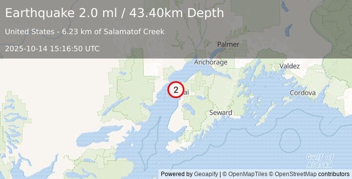Earthquake 7 km W of Salamatof, Alaska (2.0 ml) (2025-10-14 15:16:50 UTC)
