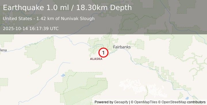 Earthquake 5 km N of Four Mile Road, Alaska (1.0 ml) (2025-10-14 16:17:39 UTC)