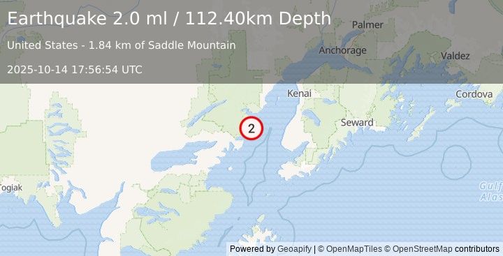 Earthquake 57 km W of Happy Valley, Alaska (2.0 ml) (2025-10-14 17:56:54 UTC)